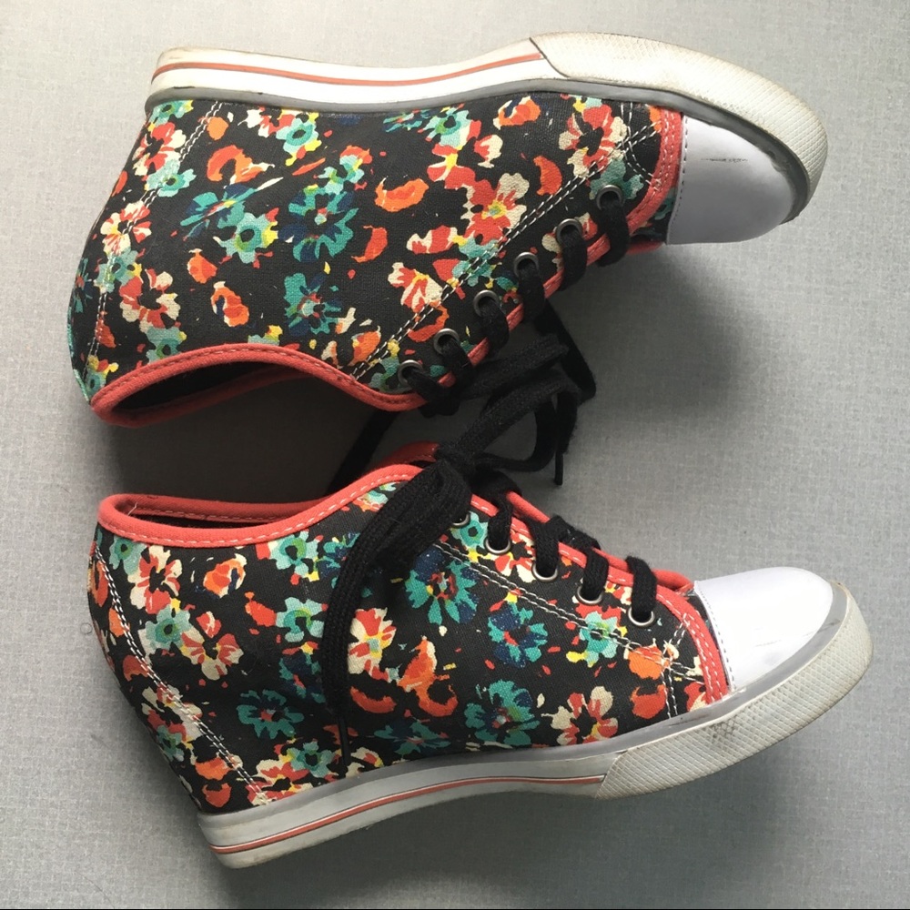 Floral sneaker lace up wedge heel shoe